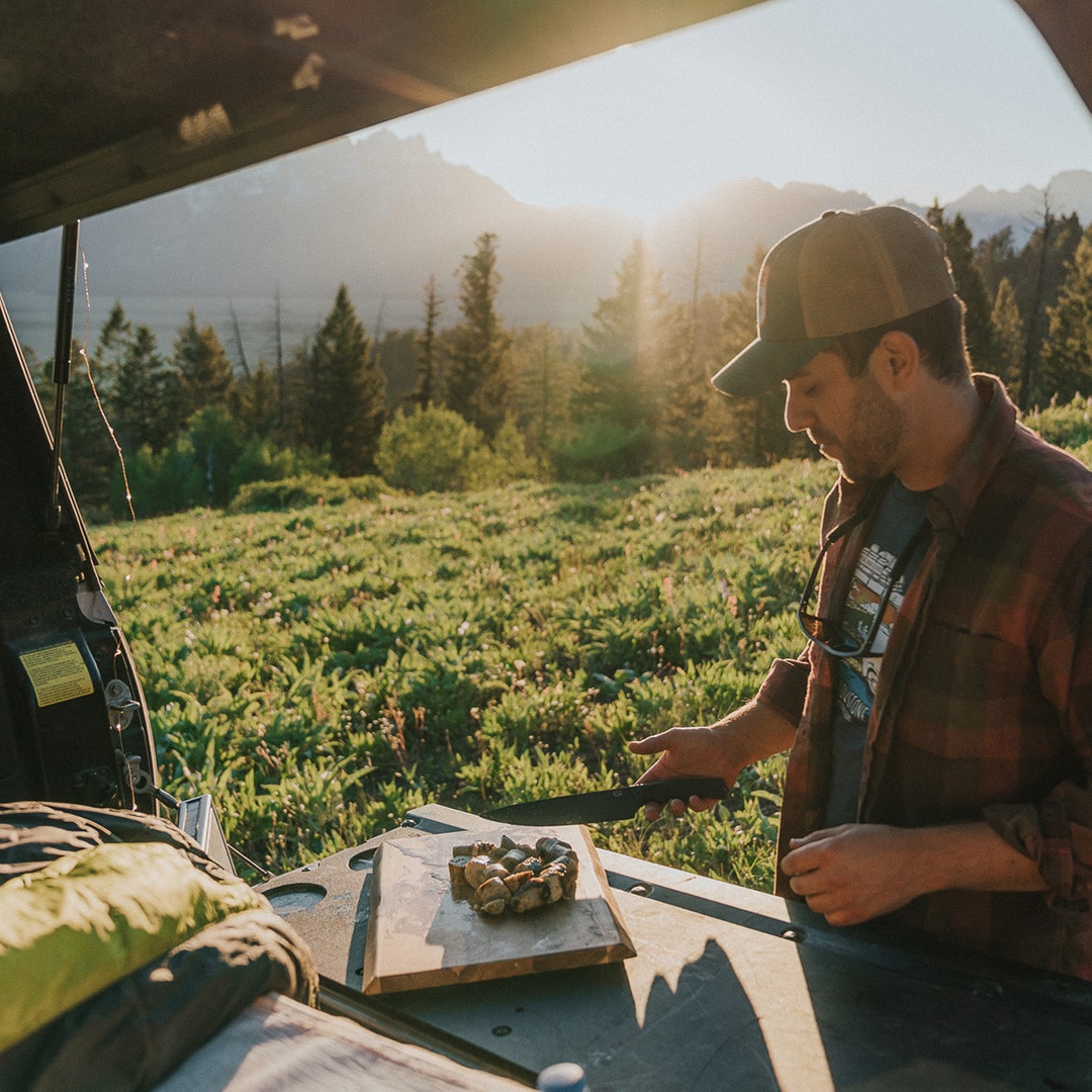 DFACKTO 8 in Chef Knife Cutting Meat in Back of Truck Overlanding Camping