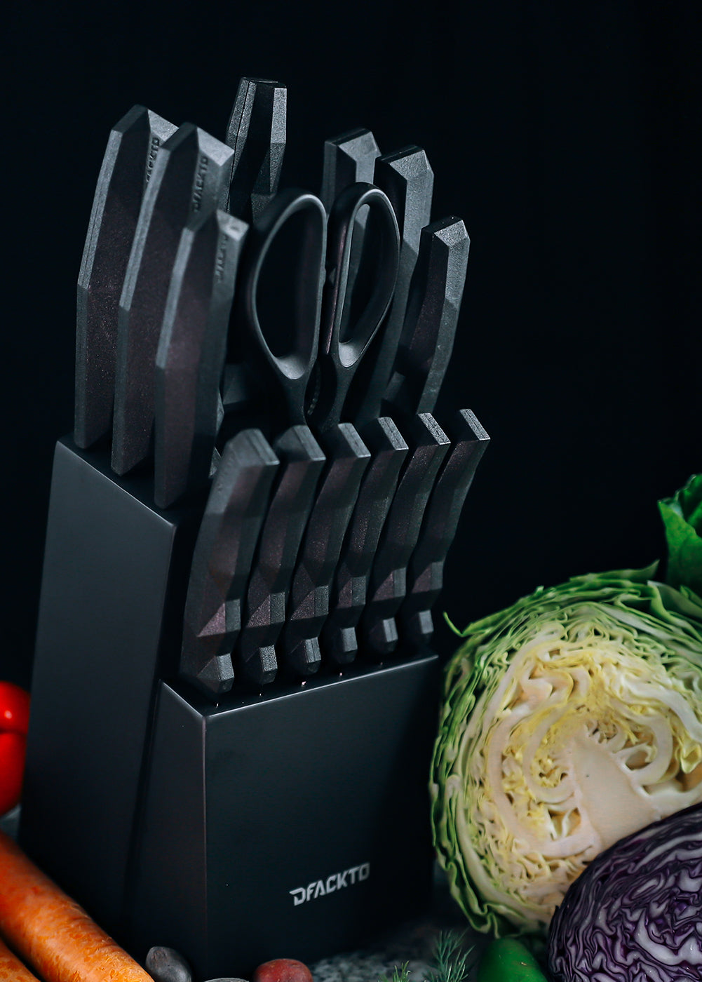  15 Piece Kitchen Knife Block Set, Premium Full Tang High Carbon  Stainless Steel, Egonomic Grip Heavy Duty Handles, Geometric Modern Chef's  Knives, Black Matte Blades by DFACKTO: Home & Kitchen